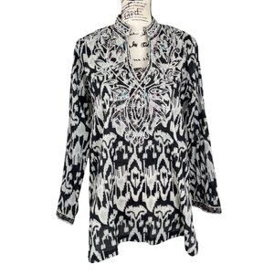 Bella Tu Womens Tunic Embellished Neckline Black White Ikat-Pattern Size M NEW